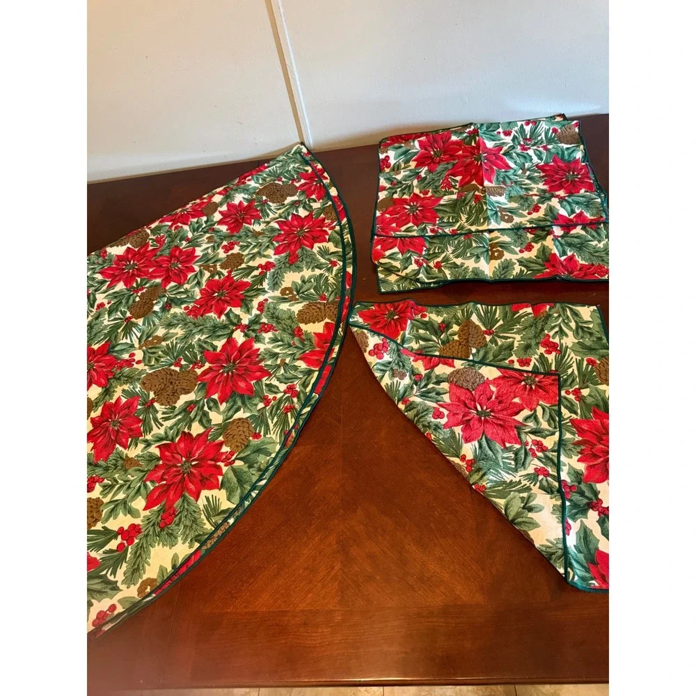 Vtg Christmas Poinsettia Table Cloth & Mat Set Holiday Pine Cone Decor